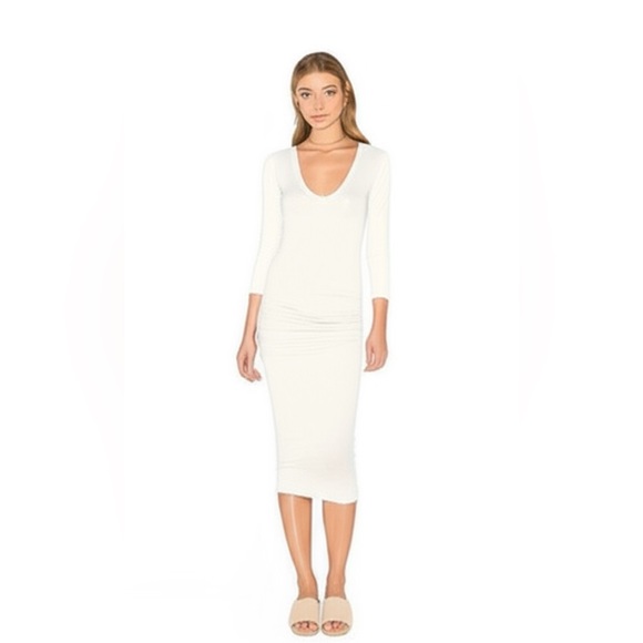 James Perse Dresses & Skirts - James Perse Standard Cream Rushed Bodycon Midi Dress V-Neck 3/4 Sleeve size 0
